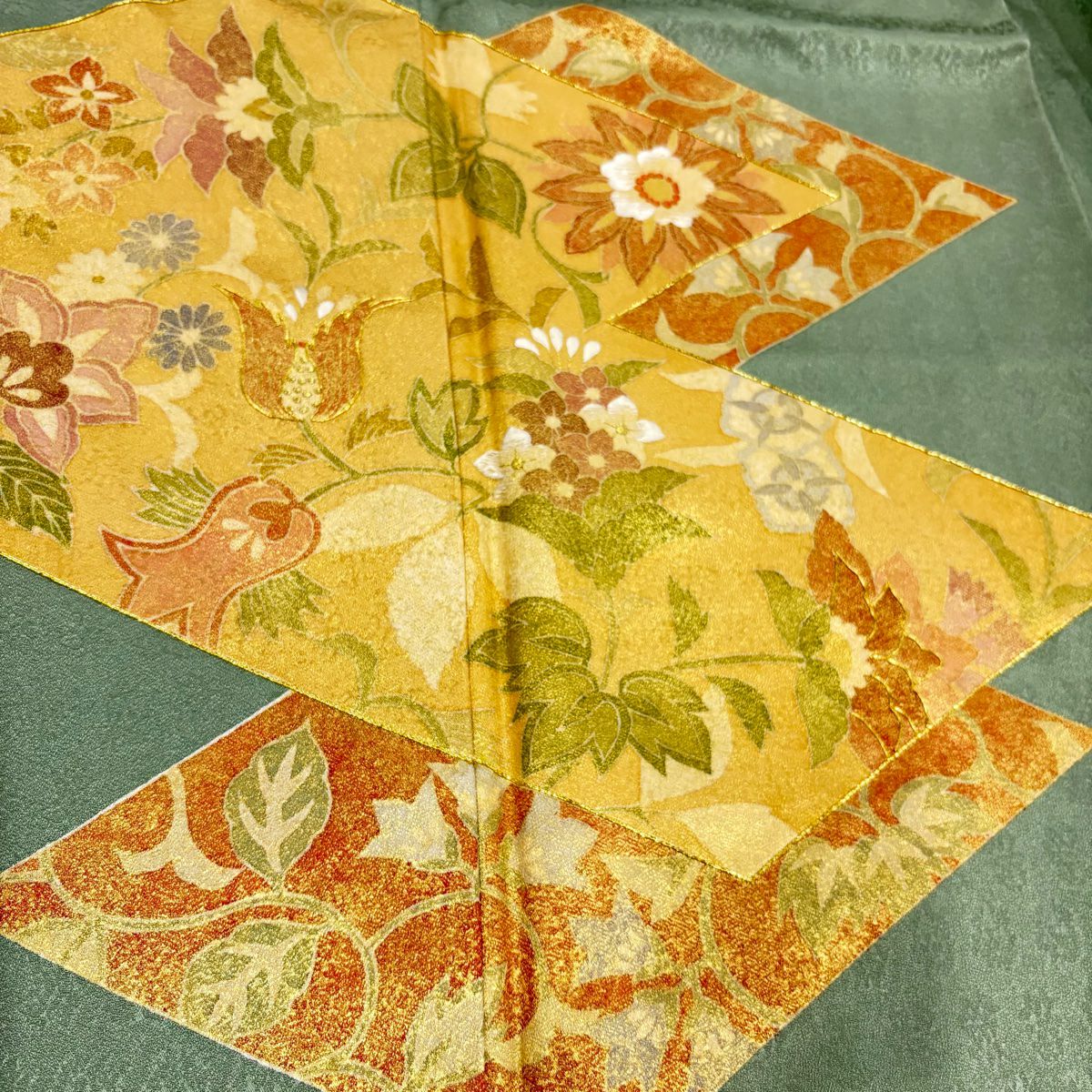 【庫存清倉】 付下 身長155cm 袖長63cm S 雙層 草花紋 紋樣 金線 刺繡 艾草色 純蠶絲 優品級