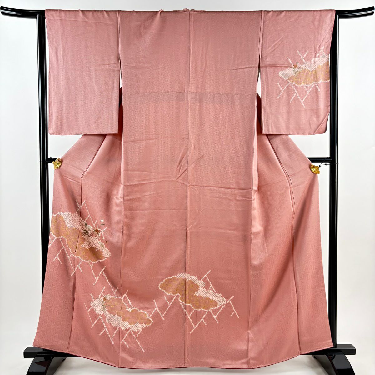 【庫存清倉】 付下 身長162cm 袖長63.5cm S 雙層 椿 雲紋 刺繡 絞染 粉紅 純蠶絲 美品 秀品級