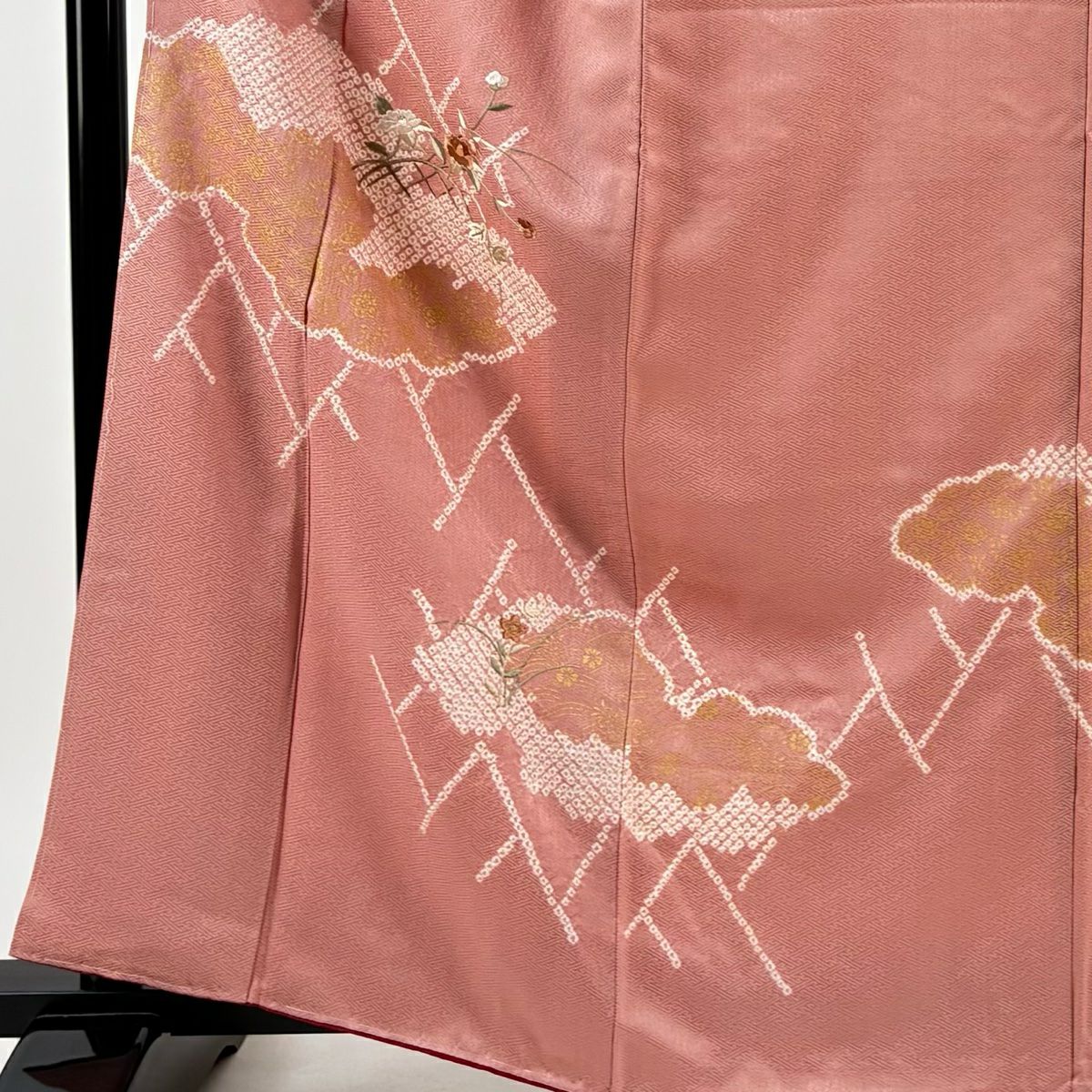 【庫存清倉】 付下 身長162cm 袖長63.5cm S 雙層 椿 雲紋 刺繡 絞染 粉紅 純蠶絲 美品 秀品級