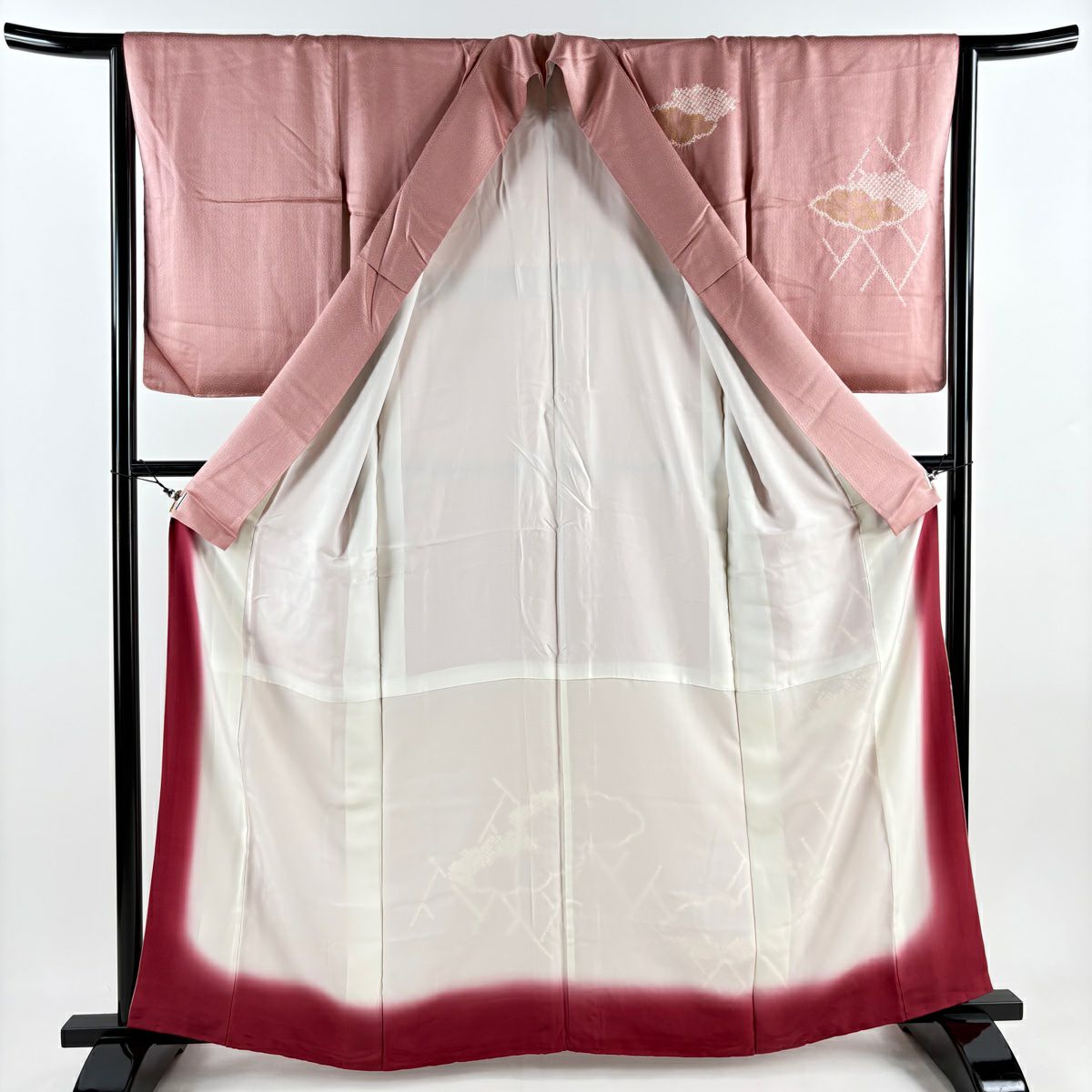 【庫存清倉】 付下 身長162cm 袖長63.5cm S 雙層 椿 雲紋 刺繡 絞染 粉紅 純蠶絲 美品 秀品級