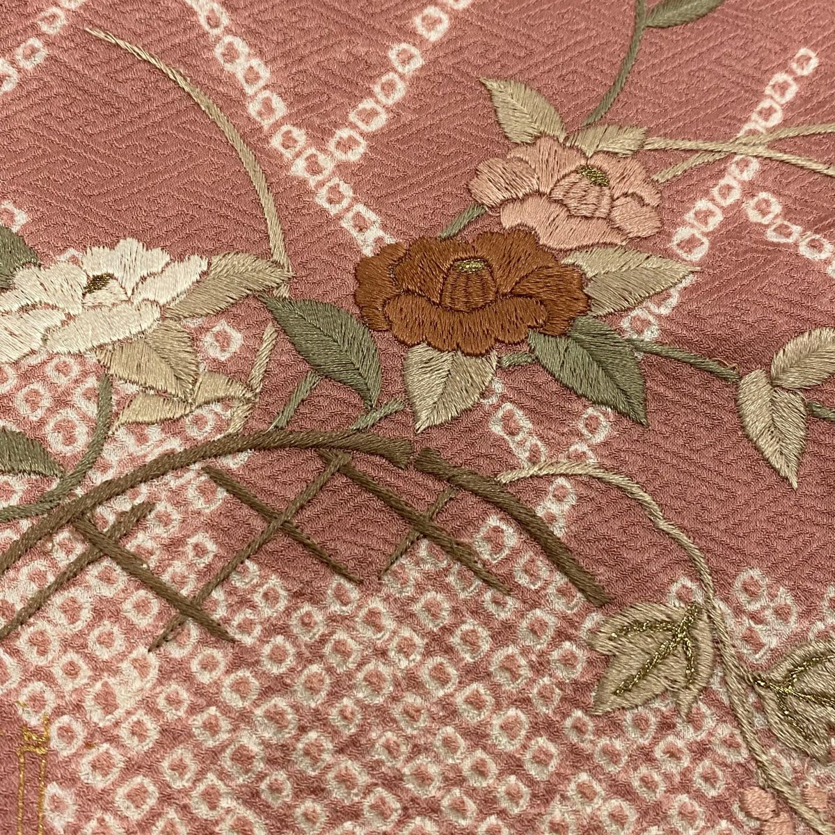 【庫存清倉】 付下 身長162cm 袖長63.5cm S 雙層 椿 雲紋 刺繡 絞染 粉紅 純蠶絲 美品 秀品級