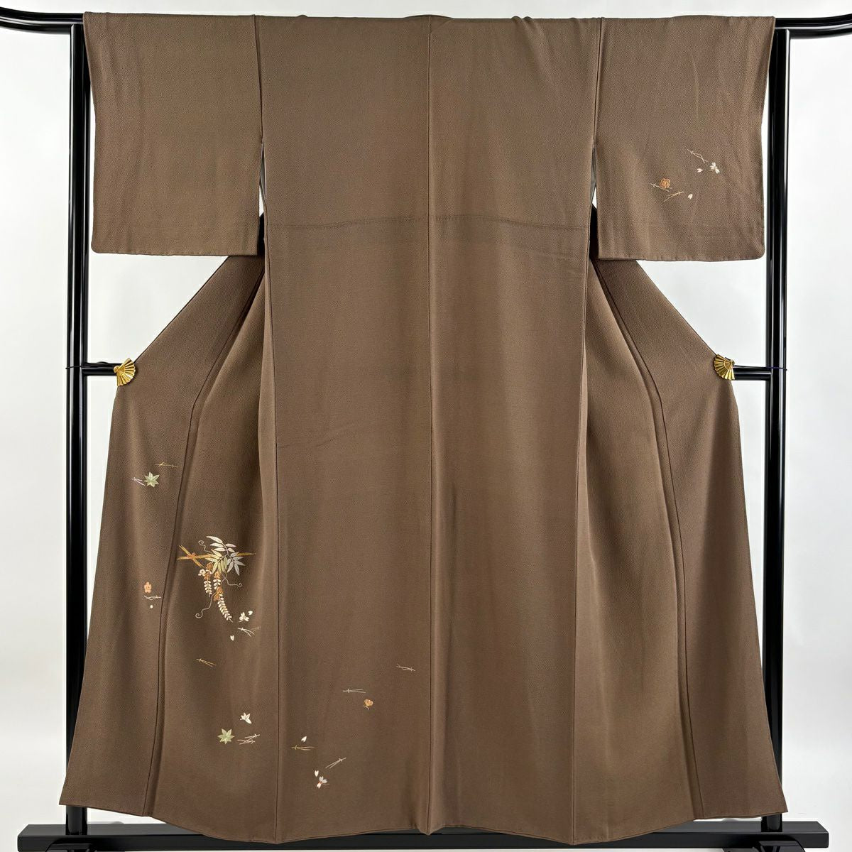 【庫存清倉】 付下 身長153.5cm 袖長65cm M 雙層 藤 吹寄刺繡 金絲 焦茶 純蠶絲 優品級