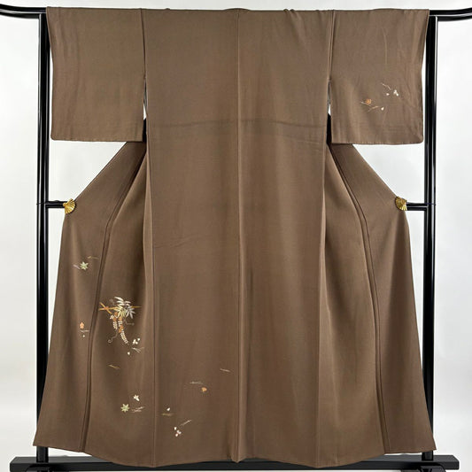 【庫存清倉】 付下 身長153.5cm 袖長65cm M 雙層 藤 吹寄刺繡 金絲 焦茶 純蠶絲 優品級