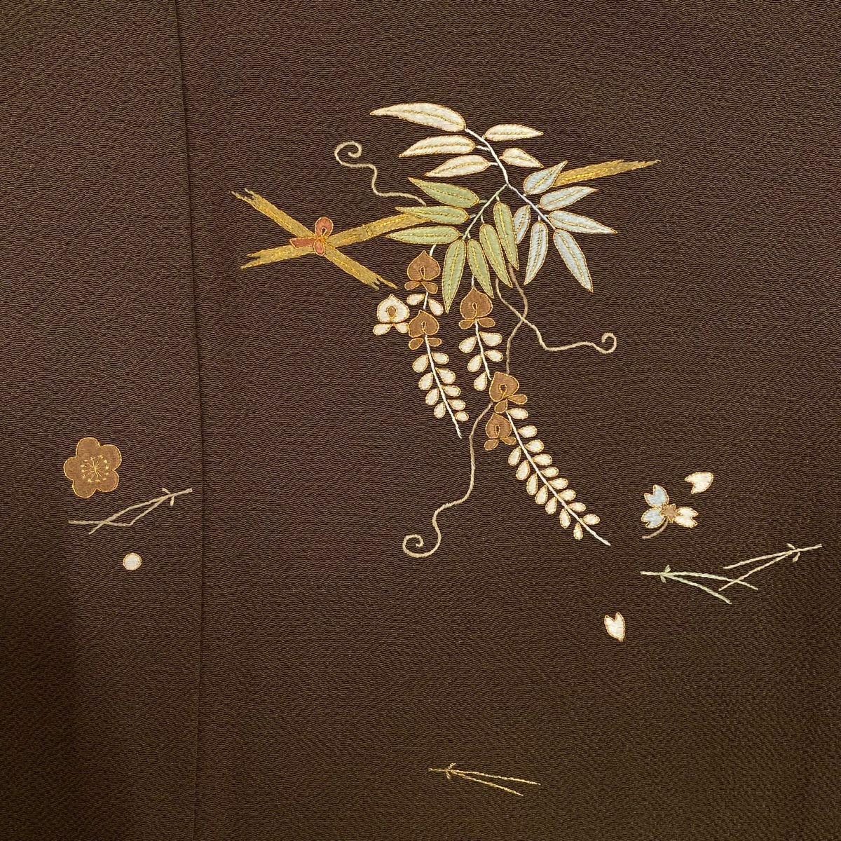 【庫存清倉】 付下 身長153.5cm 袖長65cm M 雙層 藤 吹寄刺繡 金絲 焦茶 純蠶絲 優品級