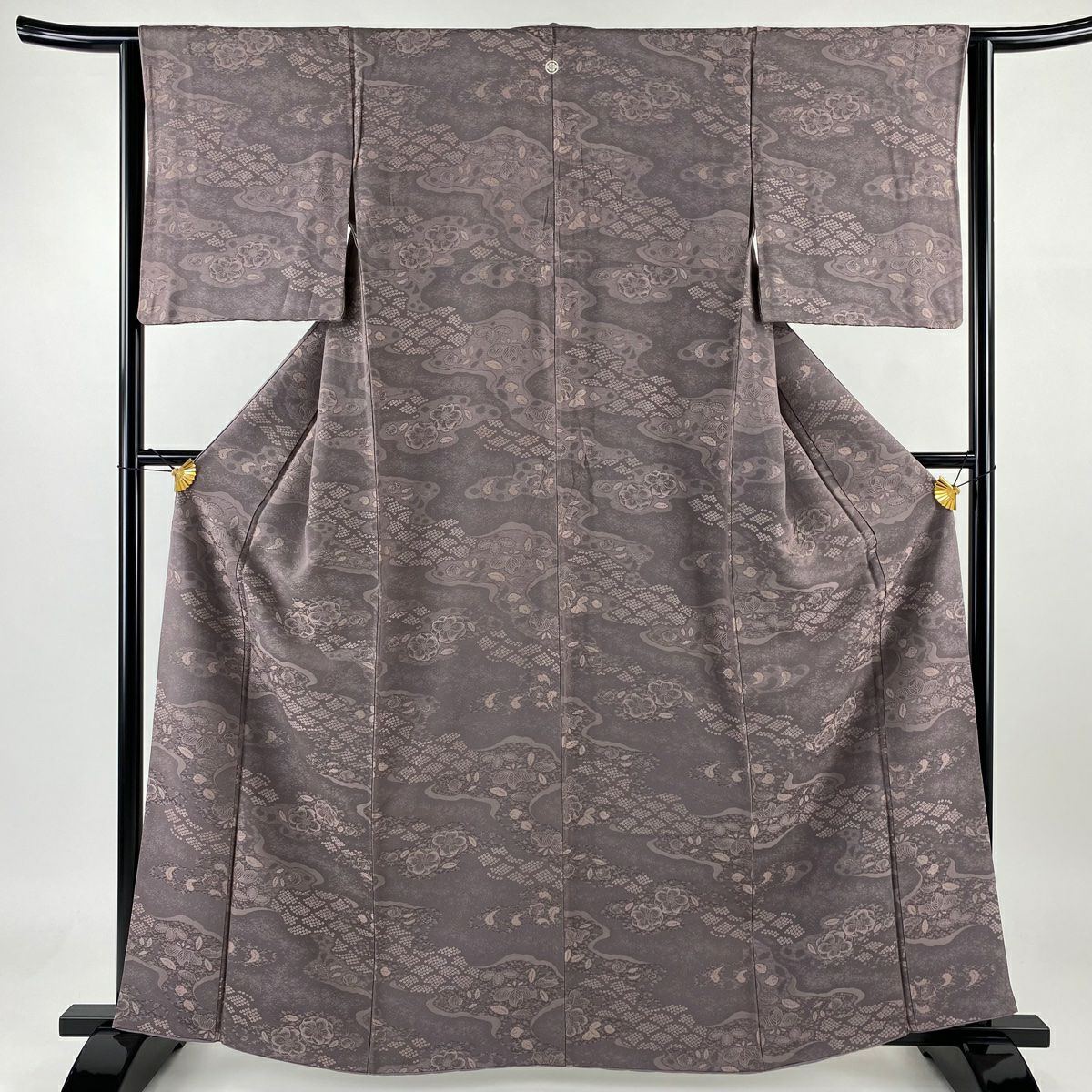 【庫存清倉】 小紋 身長162cm 袖長63.5cm S 雙層 草花紋紋 霞 灰紫 純蠶絲 優品級 一個紋