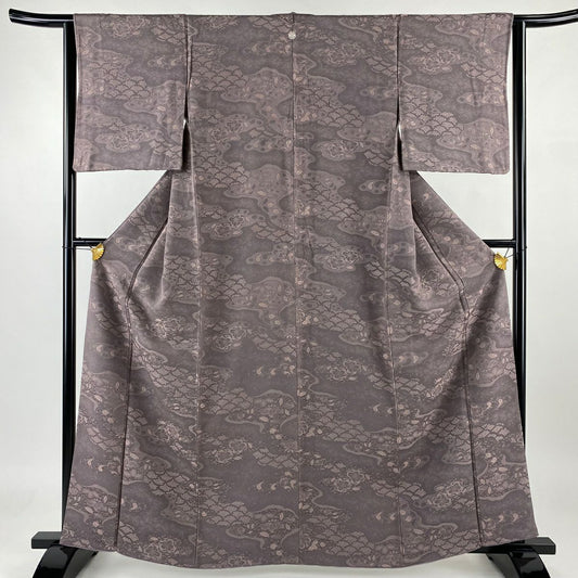 【庫存清倉】 小紋 身長162cm 袖長63.5cm S 雙層 草花紋紋 霞 灰紫 純蠶絲 優品級 一個紋