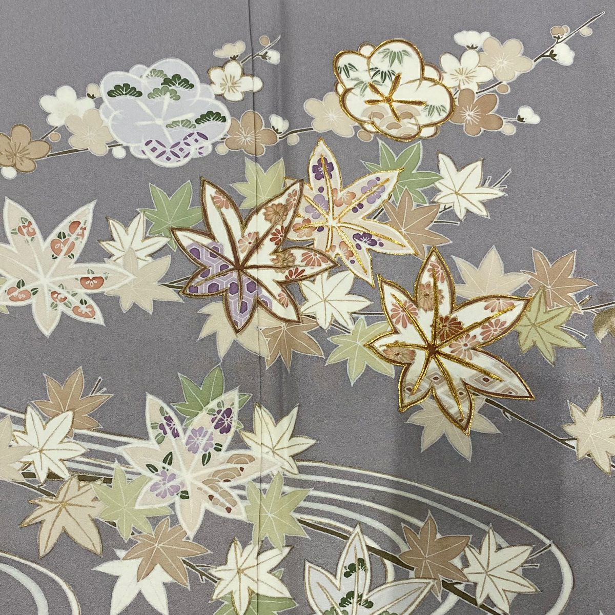 【庫存清倉】訪問服 身長166.5cm 袖長66cm M 雙層 枝梅花 楓 金絲 金銀彩 灰紫 純蠶絲 優品級