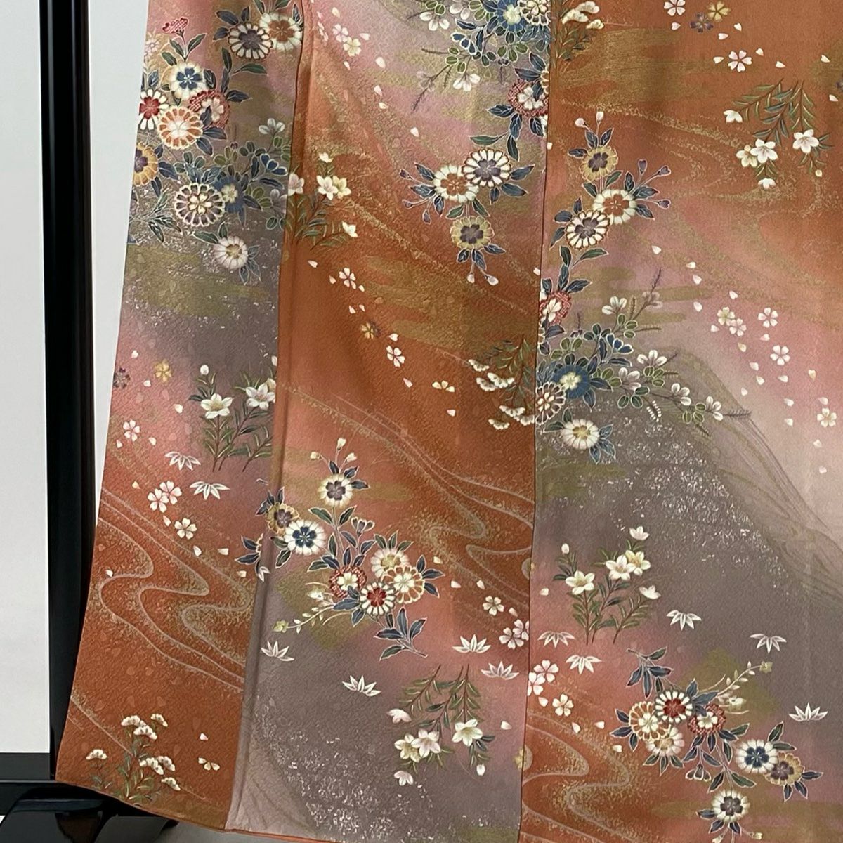 【庫存清倉】 小紋 身長160.5cm 袖長63cm S 雙層 草花紋紋 流水 金銀彩 漸層 橙色 純蠶絲 優品級