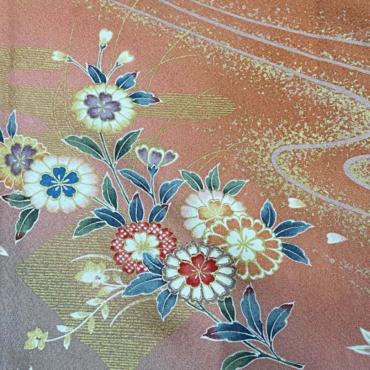 【庫存清倉】 小紋 身長160.5cm 袖長63cm S 雙層 草花紋紋 流水 金銀彩 漸層 橙色 純蠶絲 優品級