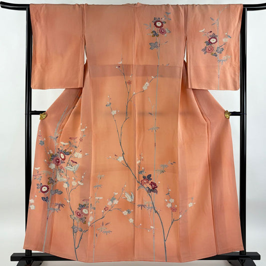 【庫存清倉】訪問服 身長157cm 袖長66cm M 雙層 仙鶴 菊花 漸層 鮭粉色 純蠶絲 優品級
