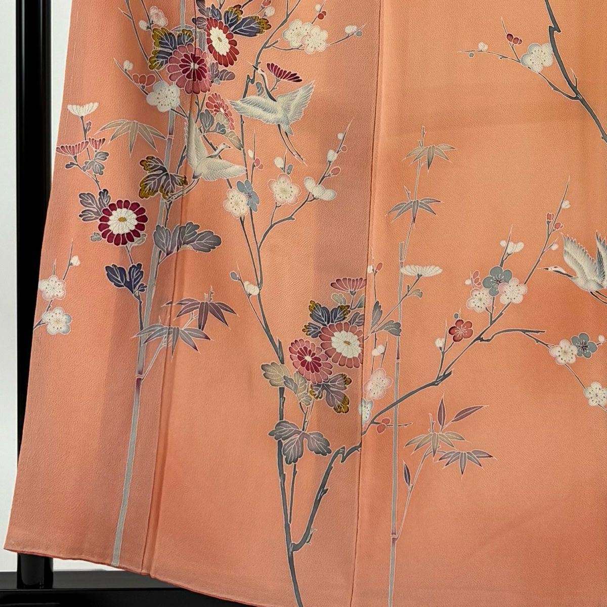 【庫存清倉】訪問服 身長157cm 袖長66cm M 雙層 仙鶴 菊花 漸層 鮭粉色 純蠶絲 優品級