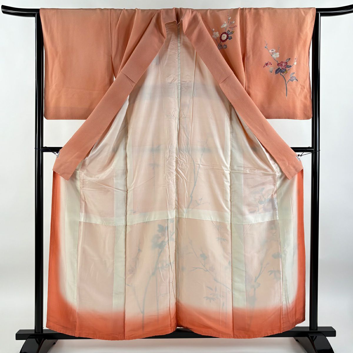 【庫存清倉】訪問服 身長157cm 袖長66cm M 雙層 仙鶴 菊花 漸層 鮭粉色 純蠶絲 優品級