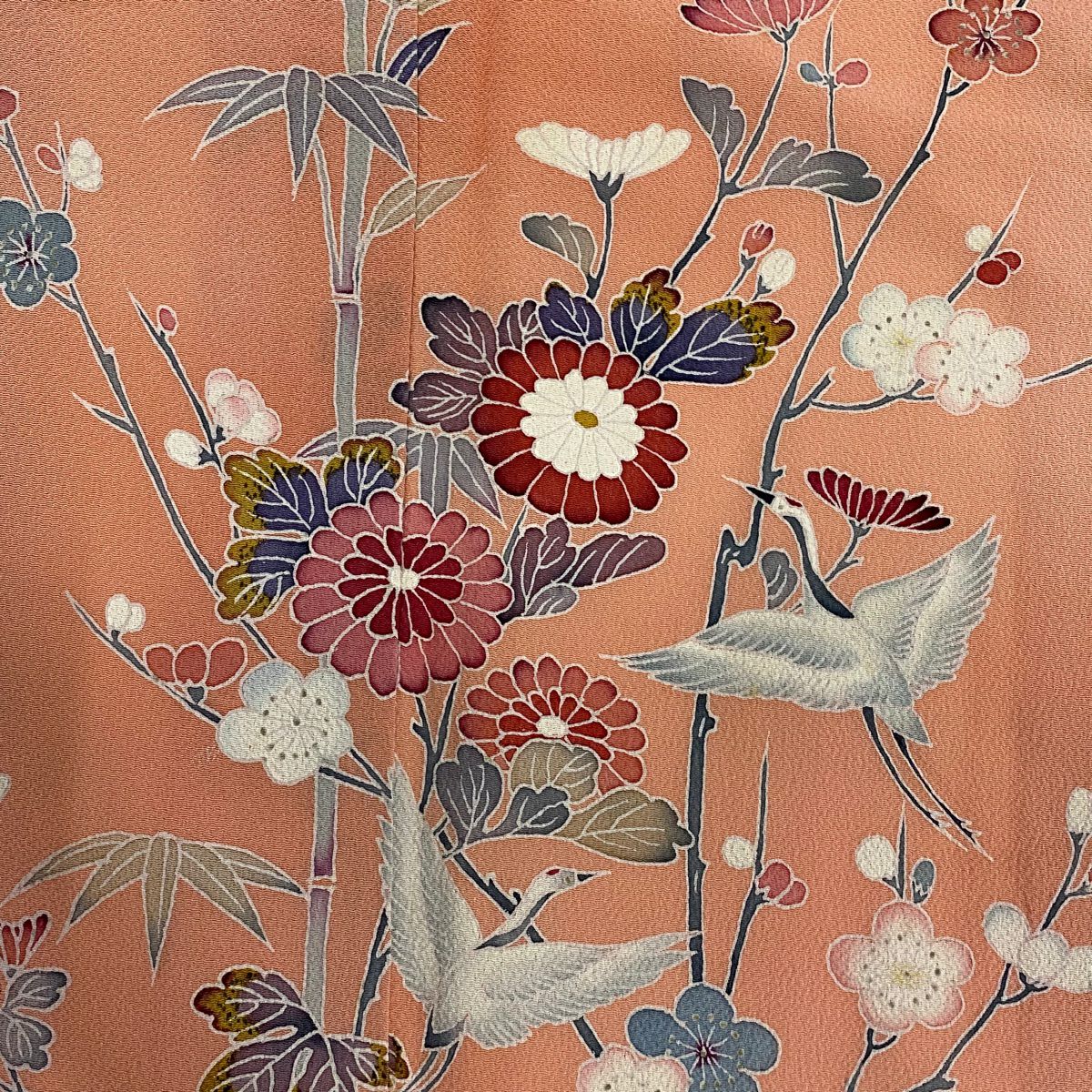 【庫存清倉】訪問服 身長157cm 袖長66cm M 雙層 仙鶴 菊花 漸層 鮭粉色 純蠶絲 優品級