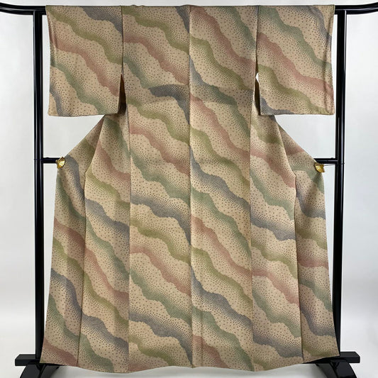 【庫存清倉】 小紋 身長161.5cm 袖長62cm S 雙層 霞 幾何學 縮緬 薄茶 純蠶絲 優品級
