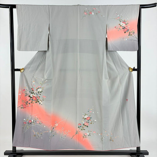 【庫存清倉】訪問服 身長152.5cm 袖長63cm S 雙層 落款有 枝花 染分 逐漸變化 灰色 純蠶絲 優品級