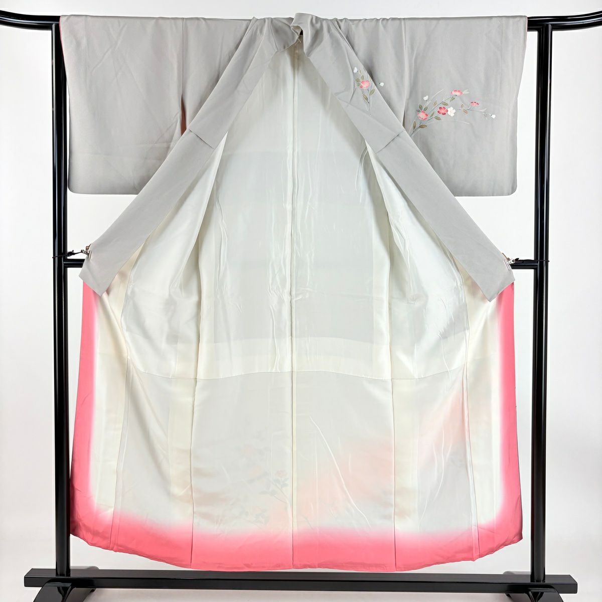 【庫存清倉】訪問服 身長152.5cm 袖長63cm S 雙層 落款有 枝花 染分 逐漸變化 灰色 純蠶絲 優品級