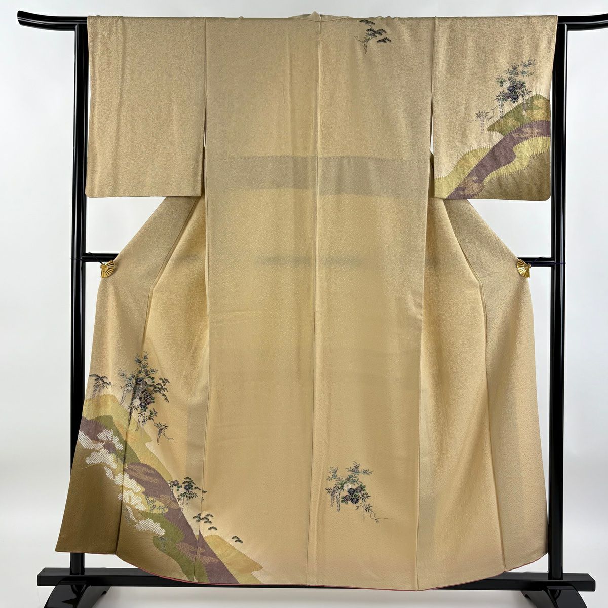 【庫存清倉】 付下 身長156cm 袖長64.5cm M 雙層 大和 鼓 松樹 金銀彩 絞染 淺茶 純蠶絲 優品級