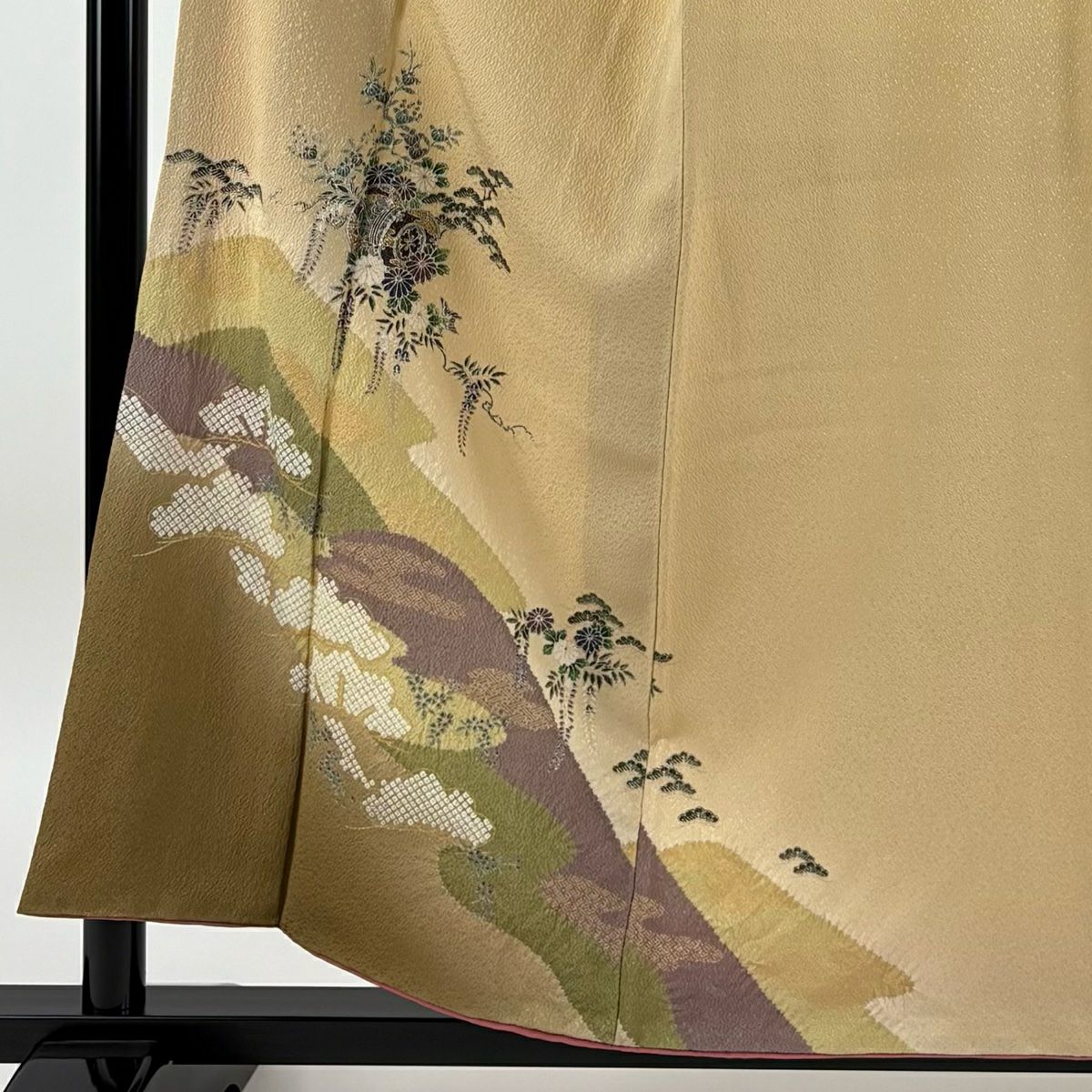 【庫存清倉】 付下 身長156cm 袖長64.5cm M 雙層 大和 鼓 松樹 金銀彩 絞染 淺茶 純蠶絲 優品級