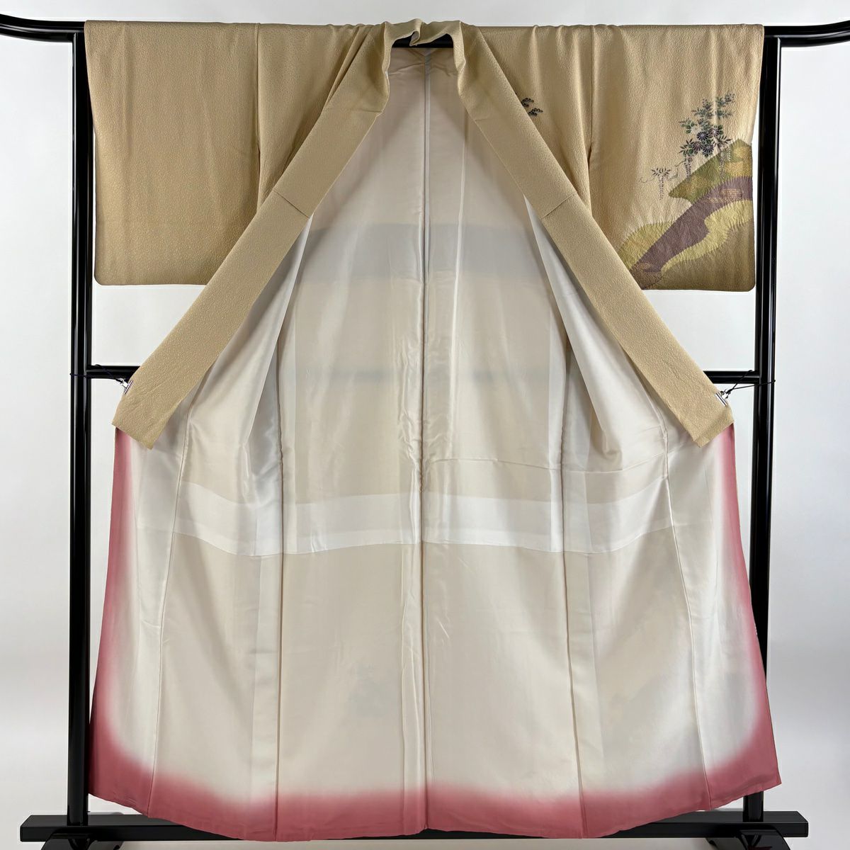 【庫存清倉】 付下 身長156cm 袖長64.5cm M 雙層 大和 鼓 松樹 金銀彩 絞染 淺茶 純蠶絲 優品級