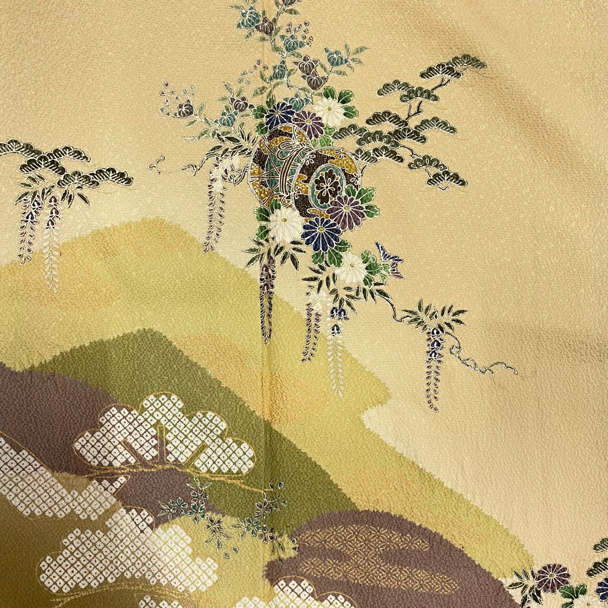【庫存清倉】 付下 身長156cm 袖長64.5cm M 雙層 大和 鼓 松樹 金銀彩 絞染 淺茶 純蠶絲 優品級