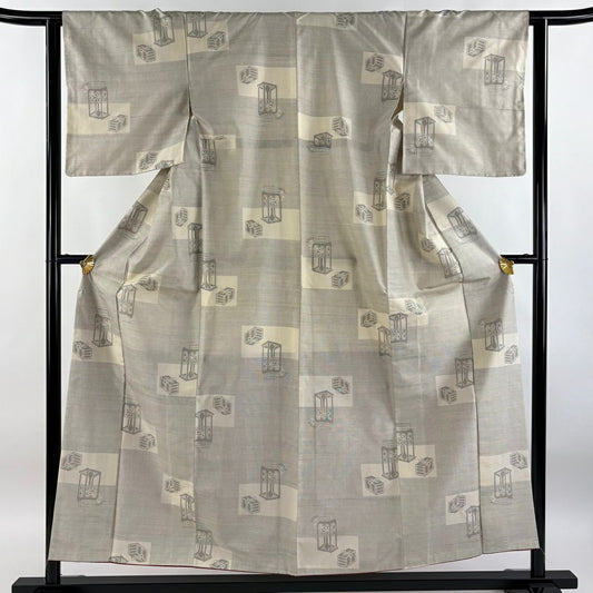 【庫存清倉】 紬織 身長155.5cm 袖長62.5cm S 雙層 文箱 草花紋紋 灰白 純蠶絲 優品級