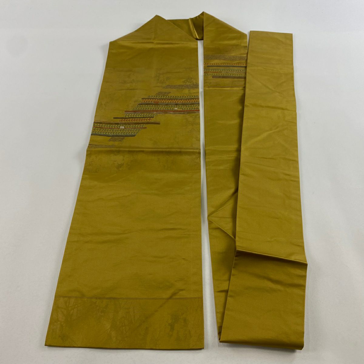【庫存清倉】 名古屋帶 美品 秀品級 幾何圖案 金金箔 拉麵線 黃土色 純蠶絲