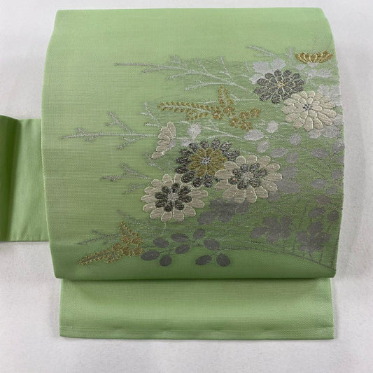 【庫存清倉】 名古屋帶 優質 夏帶 紗 関西仕立 菊花 萩 金銀彩 金金箔 淺綠 純蠶絲