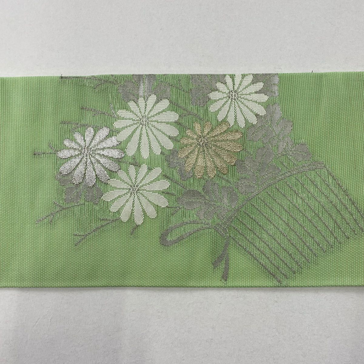 【庫存清倉】 名古屋帶 優質 夏帶 紗 関西仕立 菊花 萩 金銀彩 金金箔 淺綠 純蠶絲