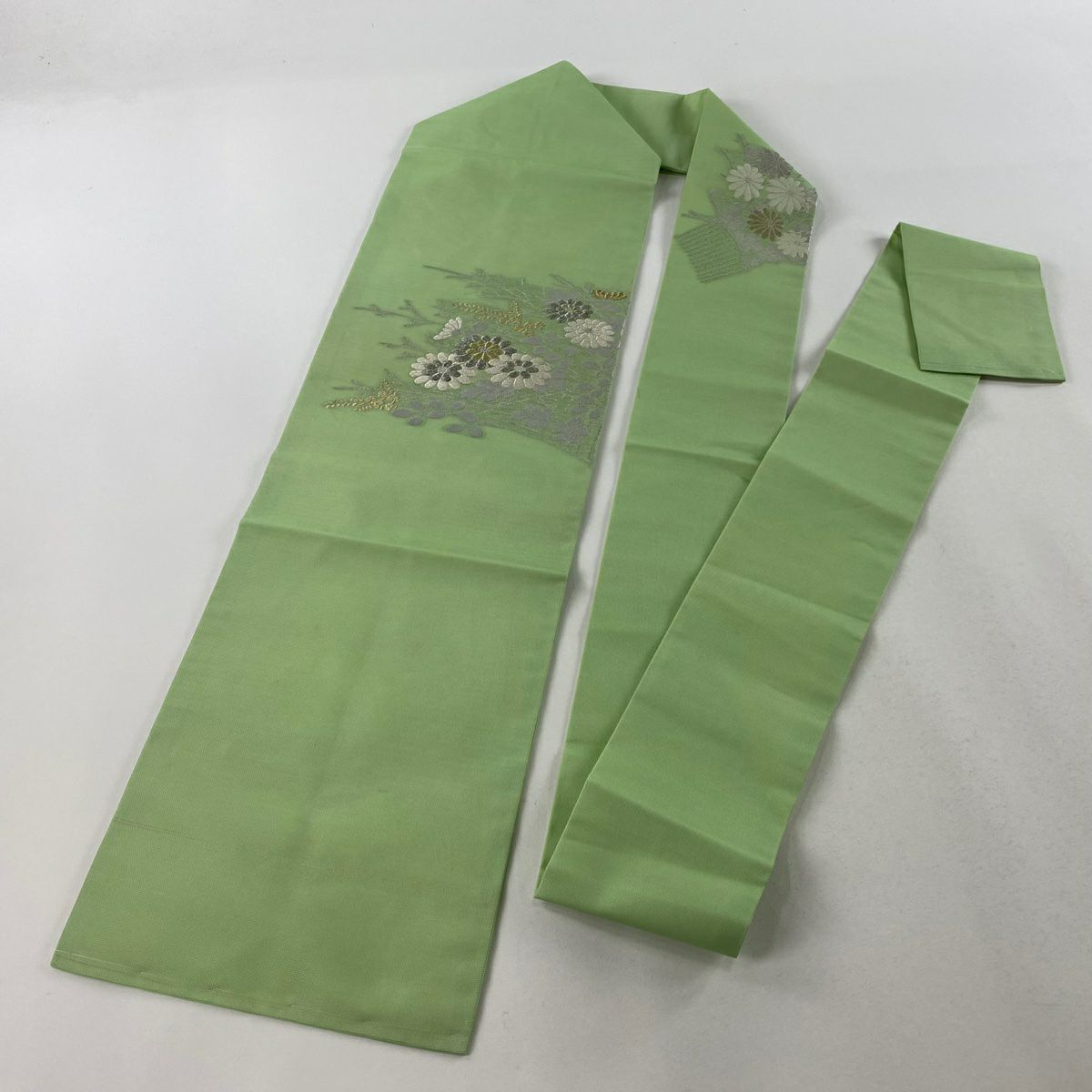 【庫存清倉】 名古屋帶 優質 夏帶 紗 関西仕立 菊花 萩 金銀彩 金金箔 淺綠 純蠶絲