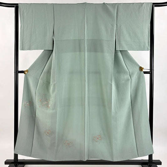 【庫存清倉】 付下 身長153.5cm 袖長64cm M 雙層 草花紋紋 組紐 刺繡 漸層 灰綠 純蠶絲 優品級