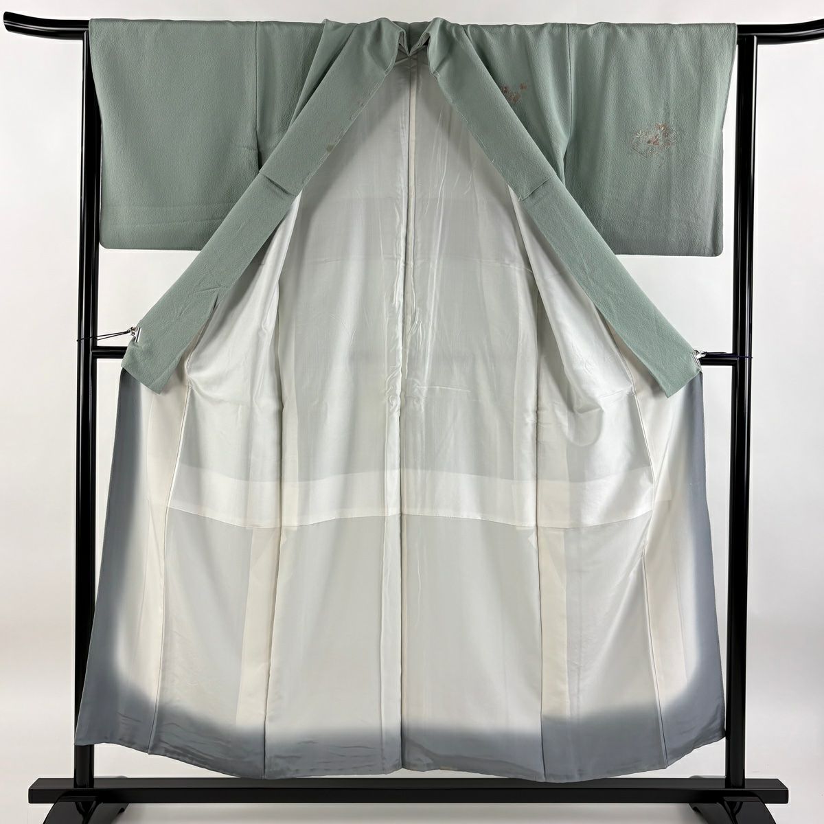 【庫存清倉】 付下 身長153.5cm 袖長64cm M 雙層 草花紋紋 組紐 刺繡 漸層 灰綠 純蠶絲 優品級