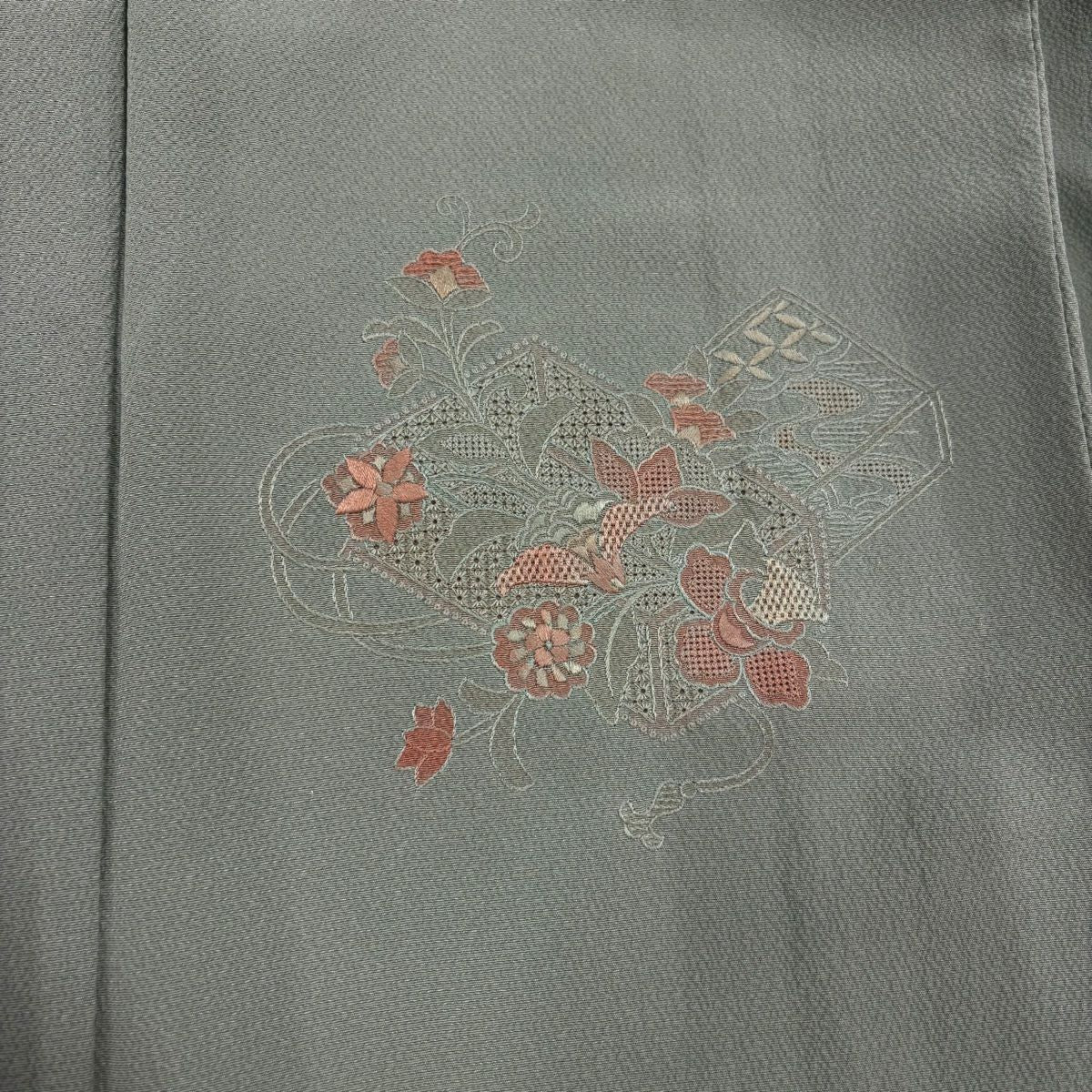 【庫存清倉】 付下 身長153.5cm 袖長64cm M 雙層 草花紋紋 組紐 刺繡 漸層 灰綠 純蠶絲 優品級