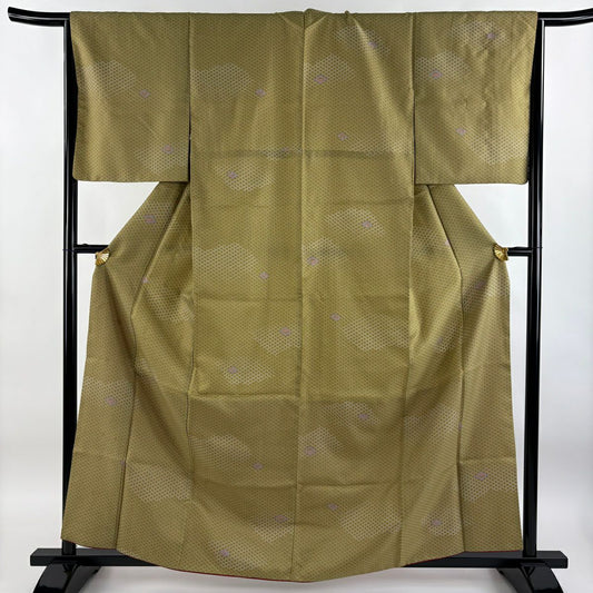 【庫存清倉】 小紋 身長162cm 袖長65cm M 雙層 菱形 草花紋紋 鶯色 化纖 優品級