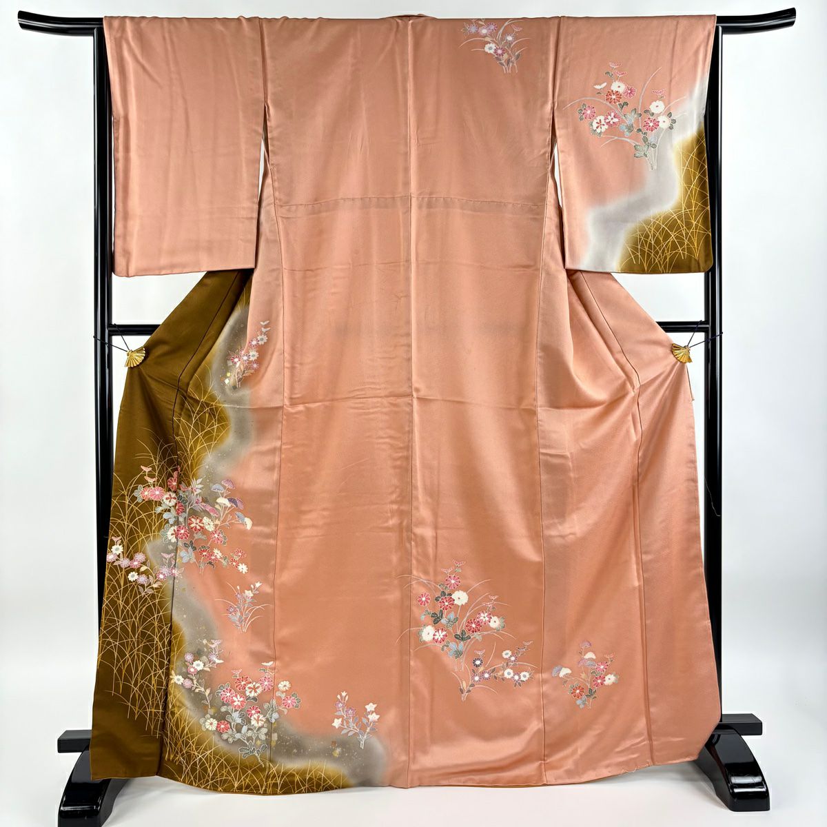 【庫存清倉】訪問服 身長169cm 袖長66cm M 雙層 草花紋紋 金銀彩 染分 鮭粉色 純蠶絲 優品級
