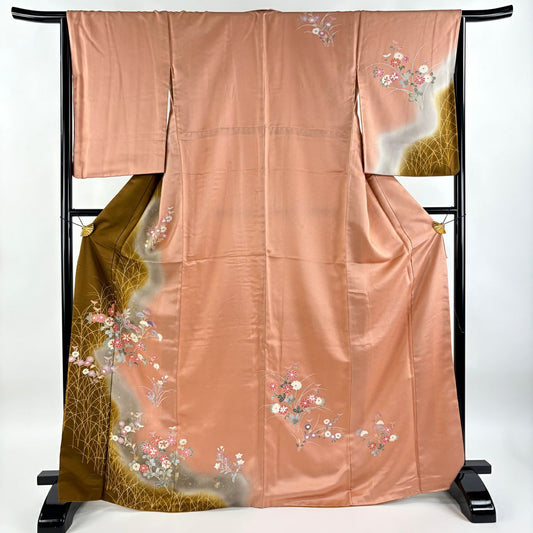 【庫存清倉】訪問服 身長169cm 袖長66cm M 雙層 草花紋紋 金銀彩 染分 鮭粉色 純蠶絲 優品級