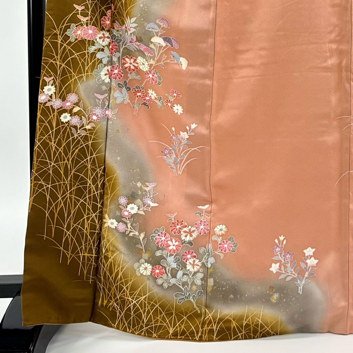 【庫存清倉】訪問服 身長169cm 袖長66cm M 雙層 草花紋紋 金銀彩 染分 鮭粉色 純蠶絲 優品級