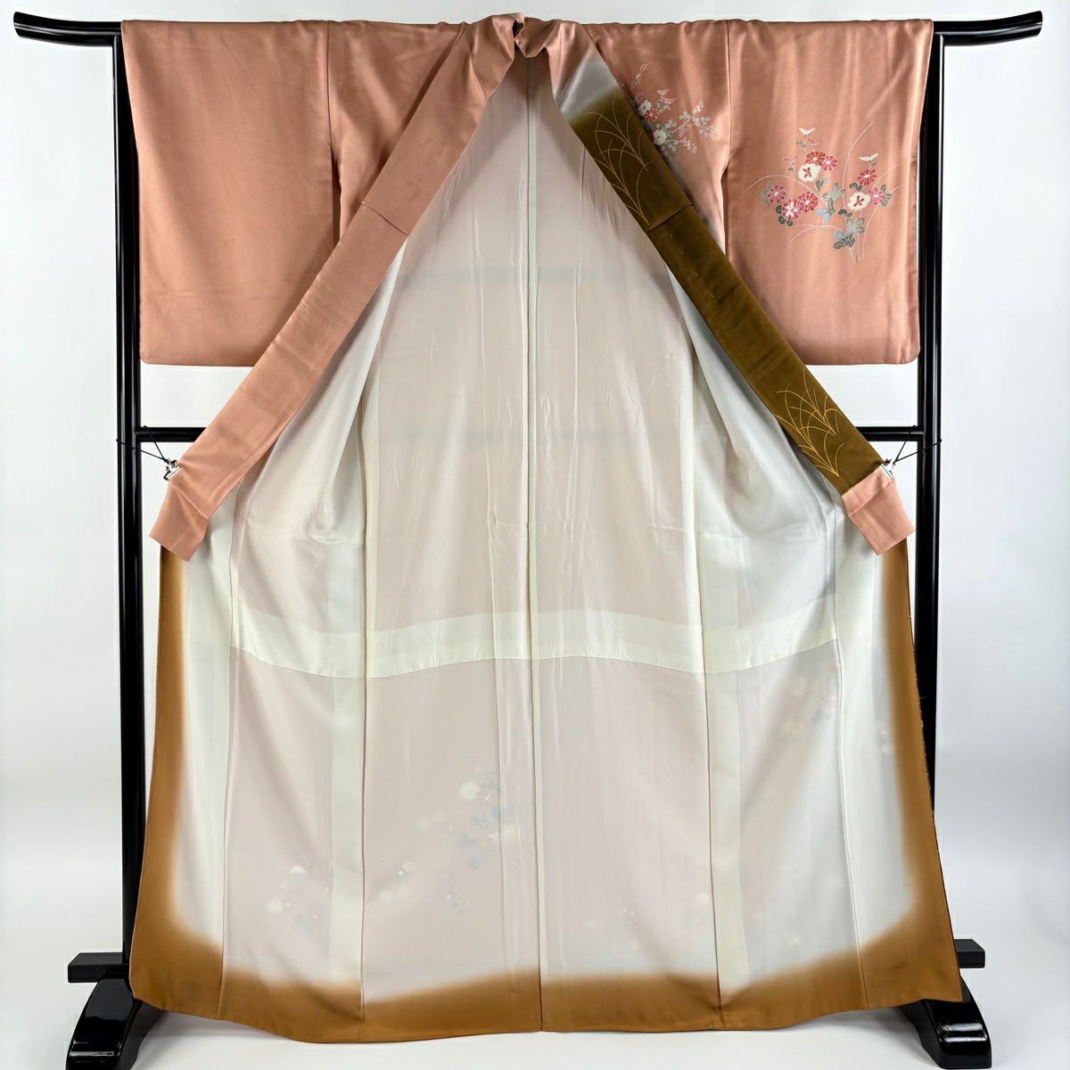 【庫存清倉】訪問服 身長169cm 袖長66cm M 雙層 草花紋紋 金銀彩 染分 鮭粉色 純蠶絲 優品級