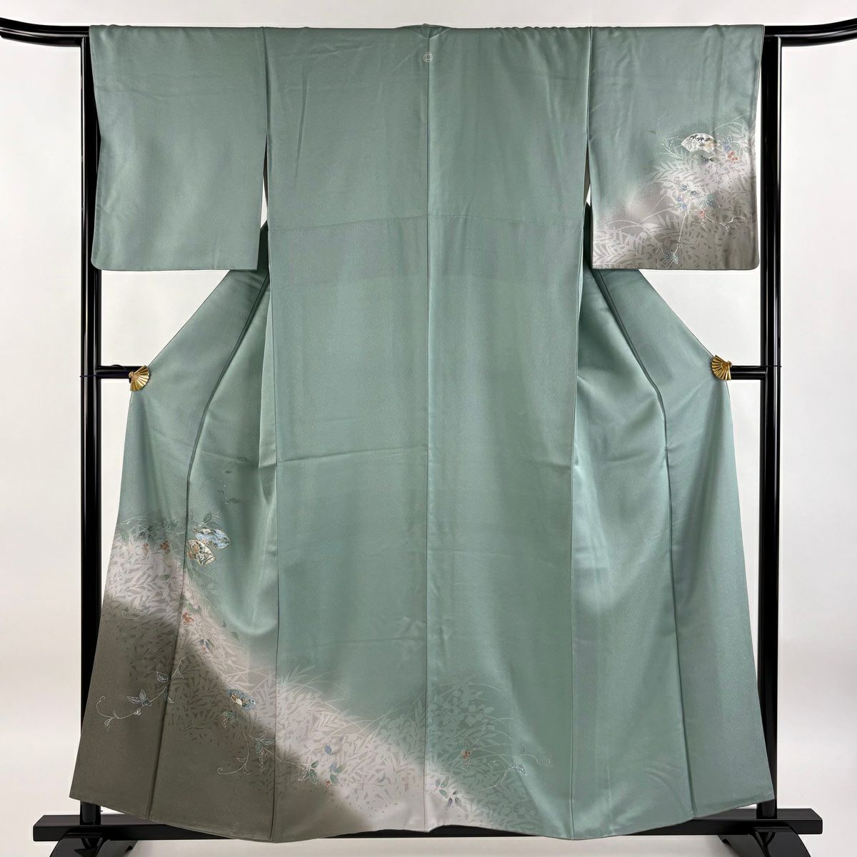 【庫存清倉】 付下 身長158.5cm 袖長64cm M 雙層 扇子面 草花紋 金絲 金銀彩 灰綠 純蠶絲 優品級 一個紋