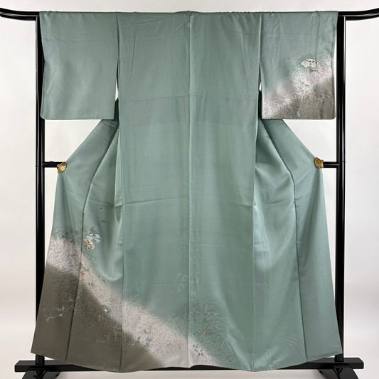 【庫存清倉】 付下 身長158.5cm 袖長64cm M 雙層 扇子面 草花紋 金絲 金銀彩 灰綠 純蠶絲 優品級 一個紋