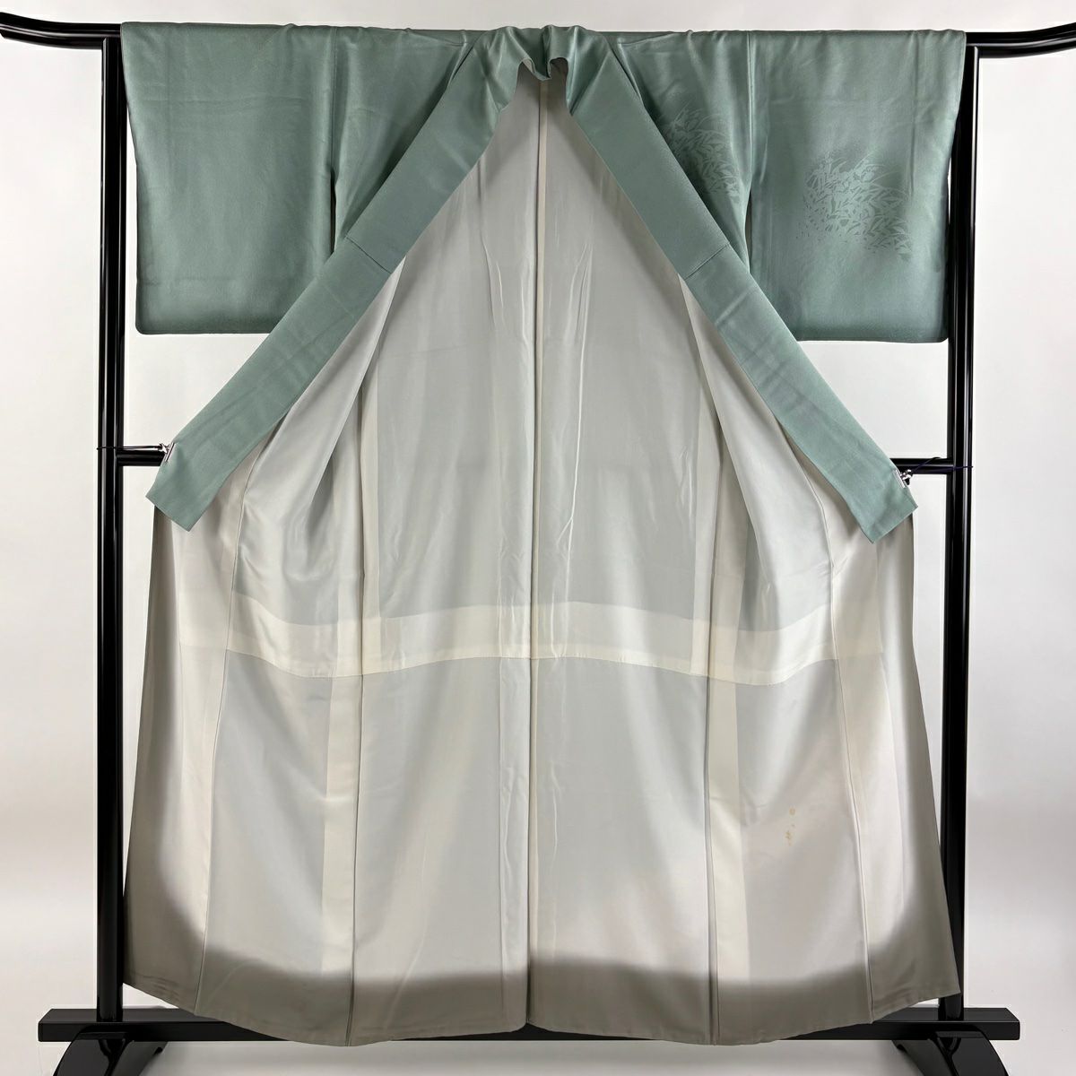 【庫存清倉】 付下 身長158.5cm 袖長64cm M 雙層 扇子面 草花紋 金絲 金銀彩 灰綠 純蠶絲 優品級 一個紋