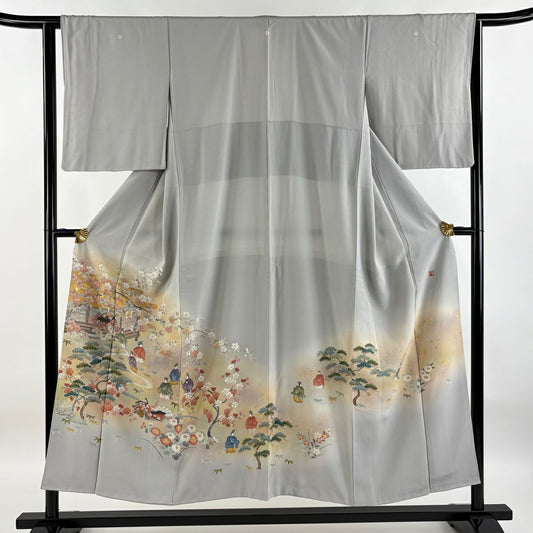 【庫存清倉】 留袖禮服禮服 身長151cm 袖長63cm S 雙層 落款有 御所風景 松樹竹子梅花 金銀彩 灰色 純蠶絲 優品級 三個紋