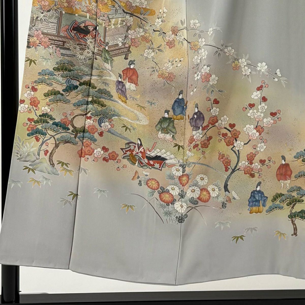 【庫存清倉】 留袖禮服禮服 身長151cm 袖長63cm S 雙層 落款有 御所風景 松樹竹子梅花 金銀彩 灰色 純蠶絲 優品級 三個紋