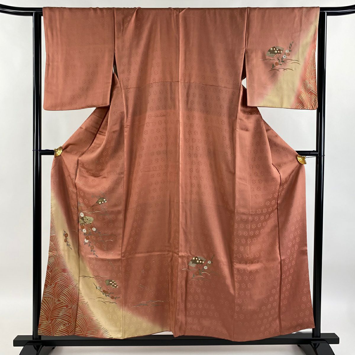 【庫存清倉】 付下 身長156.5cm 袖長64cm M 雙層 扇子 草花紋紋 金銀彩 漸層 粉米色 純蠶絲 優品級