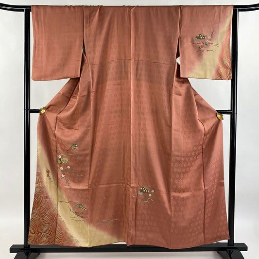 【庫存清倉】 付下 身長156.5cm 袖長64cm M 雙層 扇子 草花紋紋 金銀彩 漸層 粉米色 純蠶絲 優品級
