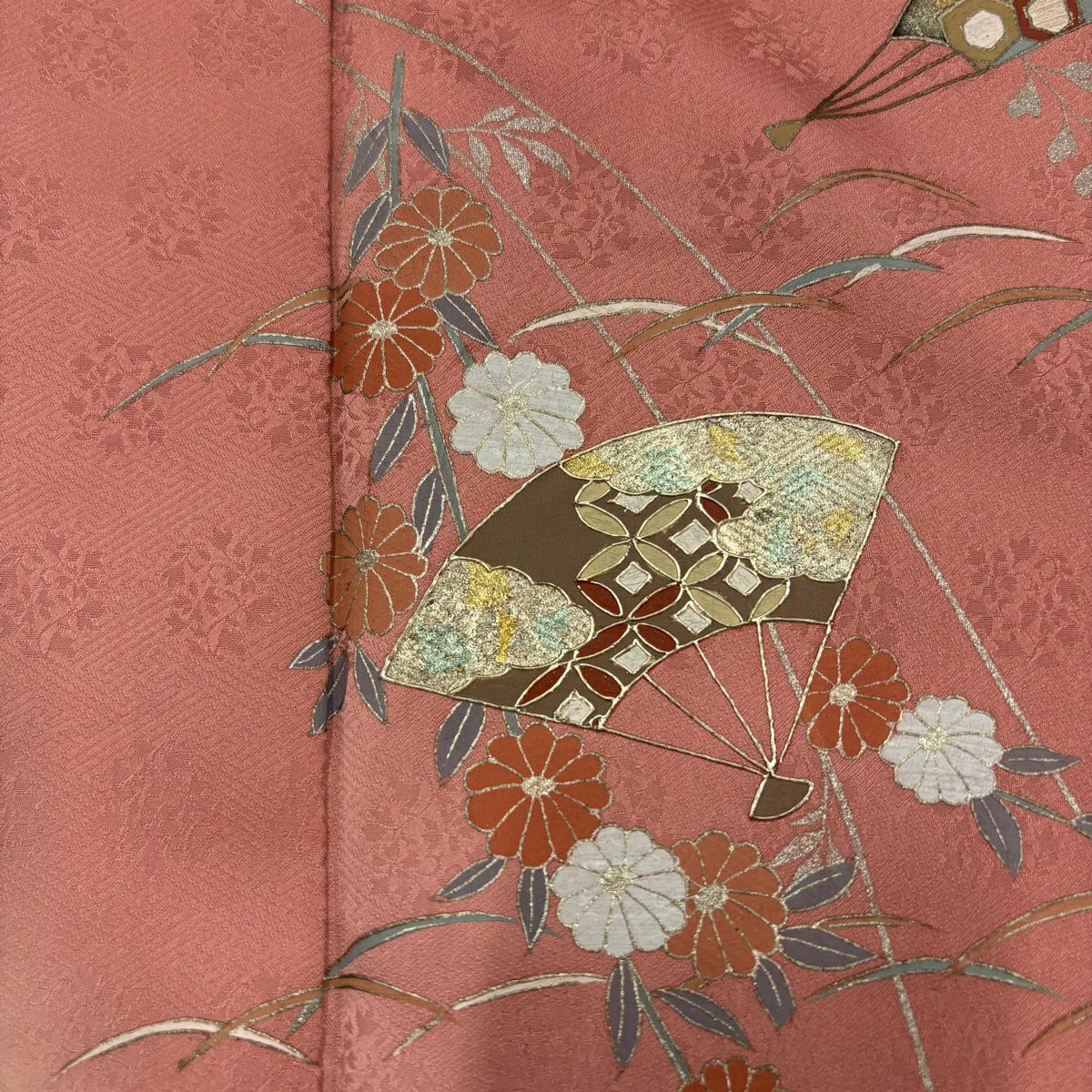 【庫存清倉】 付下 身長156.5cm 袖長64cm M 雙層 扇子 草花紋紋 金銀彩 漸層 粉米色 純蠶絲 優品級