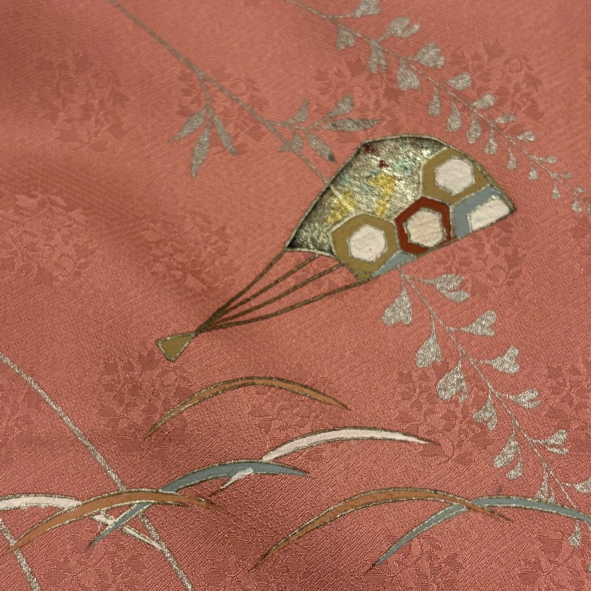 【庫存清倉】 付下 身長156.5cm 袖長64cm M 雙層 扇子 草花紋紋 金銀彩 漸層 粉米色 純蠶絲 優品級
