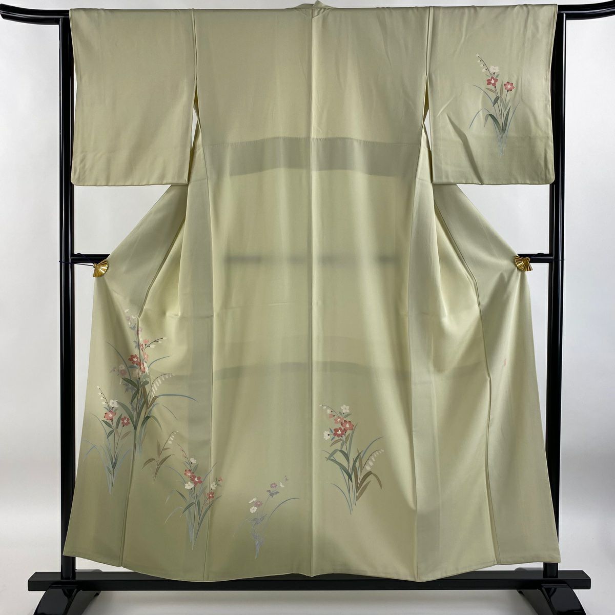 【庫存清倉】 付下 身長155cm 袖長64cm M 雙層 落款 草花紋紋 漸層 抹茶 純蠶絲 優品級