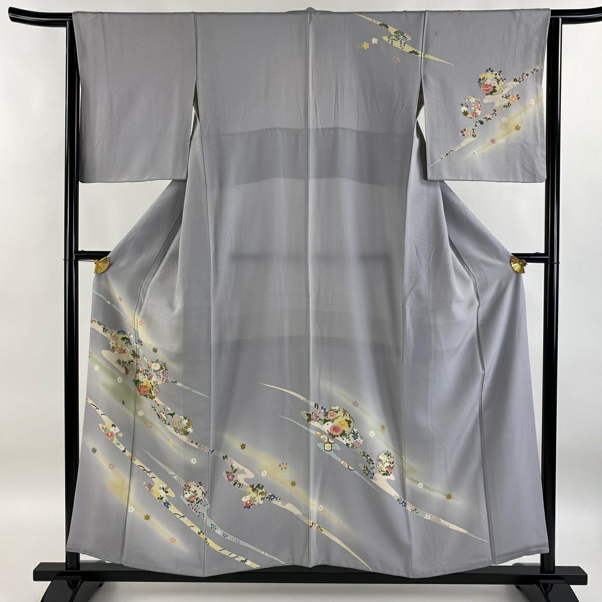 【庫存清倉】訪問服 身長155cm 袖長64cm M 雙層 花丸紋 草花紋紋 金絲 漸層 灰色 純蠶絲 優品級