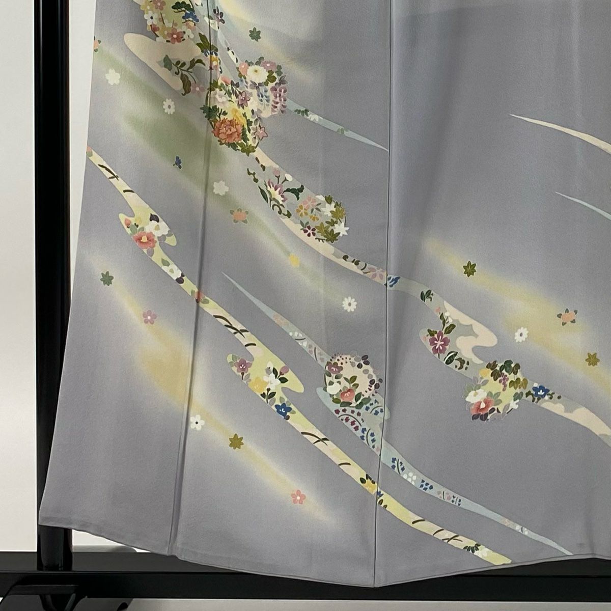 【庫存清倉】訪問服 身長155cm 袖長64cm M 雙層 花丸紋 草花紋紋 金絲 漸層 灰色 純蠶絲 優品級