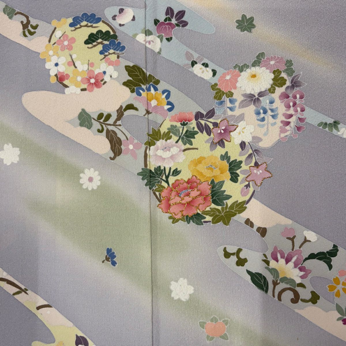 【庫存清倉】訪問服 身長155cm 袖長64cm M 雙層 花丸紋 草花紋紋 金絲 漸層 灰色 純蠶絲 優品級